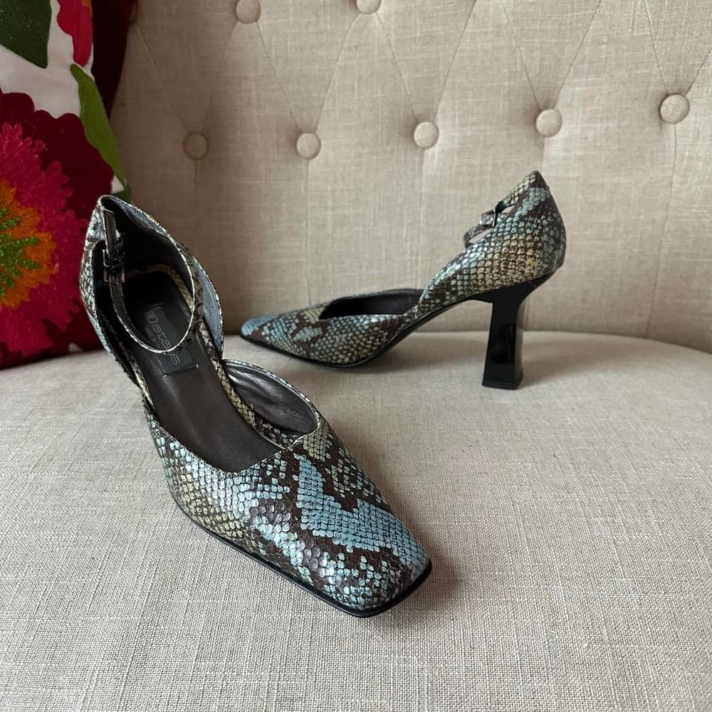 Snake-Print Ankle-Strap Heels in Teal and Brown - Picture 7 of 8